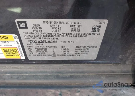 2014 Chevrolet Traverse Ltz from USA, damaged, VIN 1GNKVJKD6EJ150266